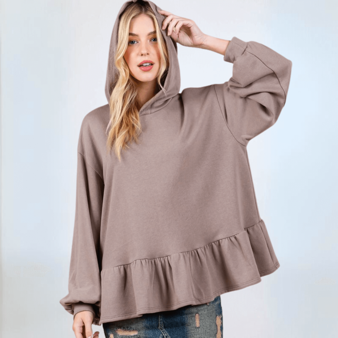 Made in USA Women's Baby Doll Oversized Hoodie with Flounce Ruffle Hem and  Long Balloon Sleeves, Banded Cuffs, Oversized Fit in Solid Mocha Brown | Classy Cozy Cool Made in America Boutique