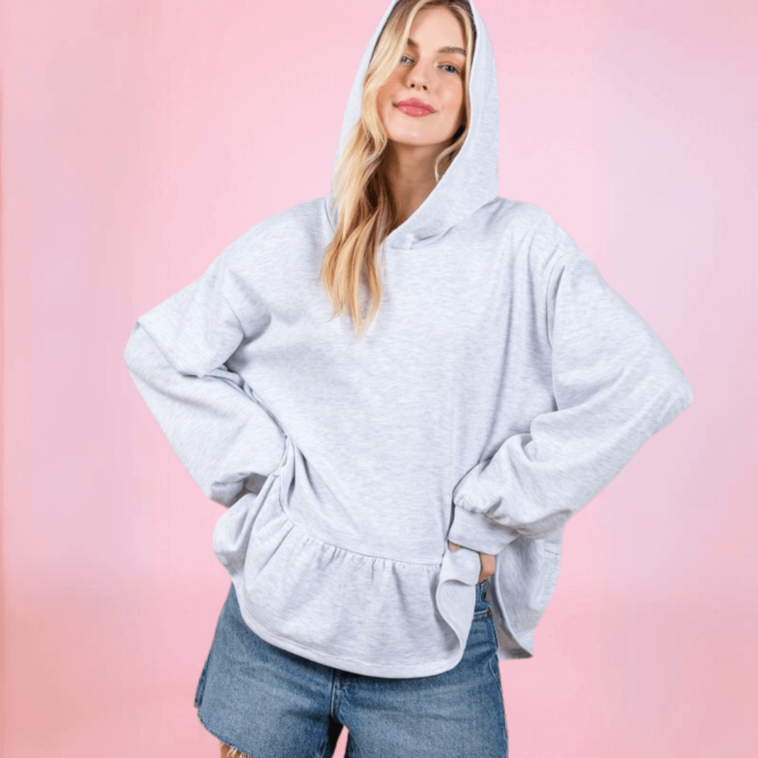 Made in USA Women's Baby Doll Oversized Hoodie with Flounce Ruffle Hem and  Long Balloon Sleeves, Banded Cuffs, Oversized Fit in Heather Grey | Classy Cozy Cool Made in America Boutique