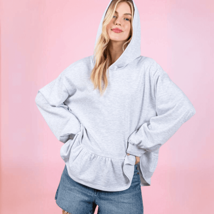 Made in USA Women's Baby Doll Oversized Hoodie with Flounce Ruffle Hem and  Long Balloon Sleeves, Banded Cuffs, Oversized Fit in Heather Grey | Classy Cozy Cool Made in America Boutique