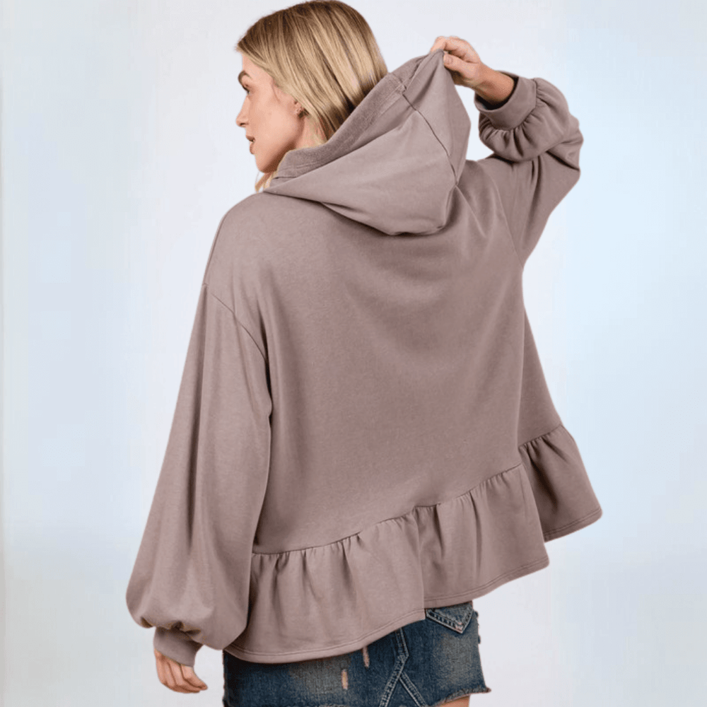 Made in USA Women's Baby Doll Oversized Hoodie with Flounce Ruffle Hem and  Long Balloon Sleeves, Banded Cuffs, Oversized Fit in Solid Mocha Brown | Classy Cozy Cool Made in America Boutique