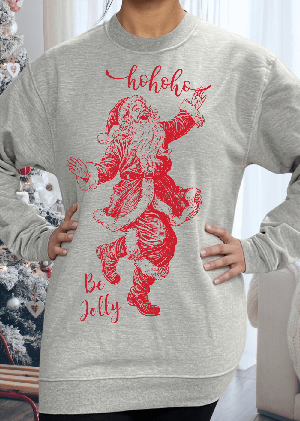 Be Jolly this Holiday Season with this Made in USA Women's Ho Ho Ho Red Santa Christmas Graphic on Long Sleeve 100% Cotton Gray Sweatshirt