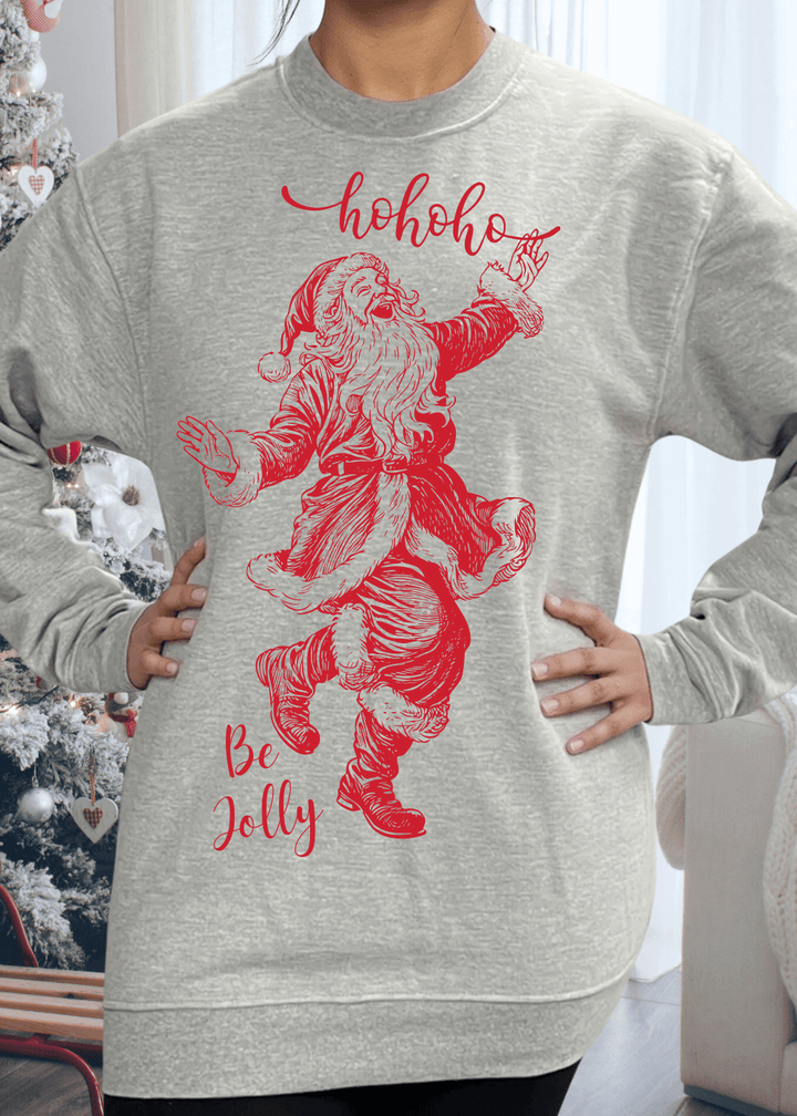 Be Jolly this Holiday Season with this Made in USA Women's Ho Ho Ho Red Santa Christmas Graphic on Long Sleeve 100% Cotton Gray Sweatshirt