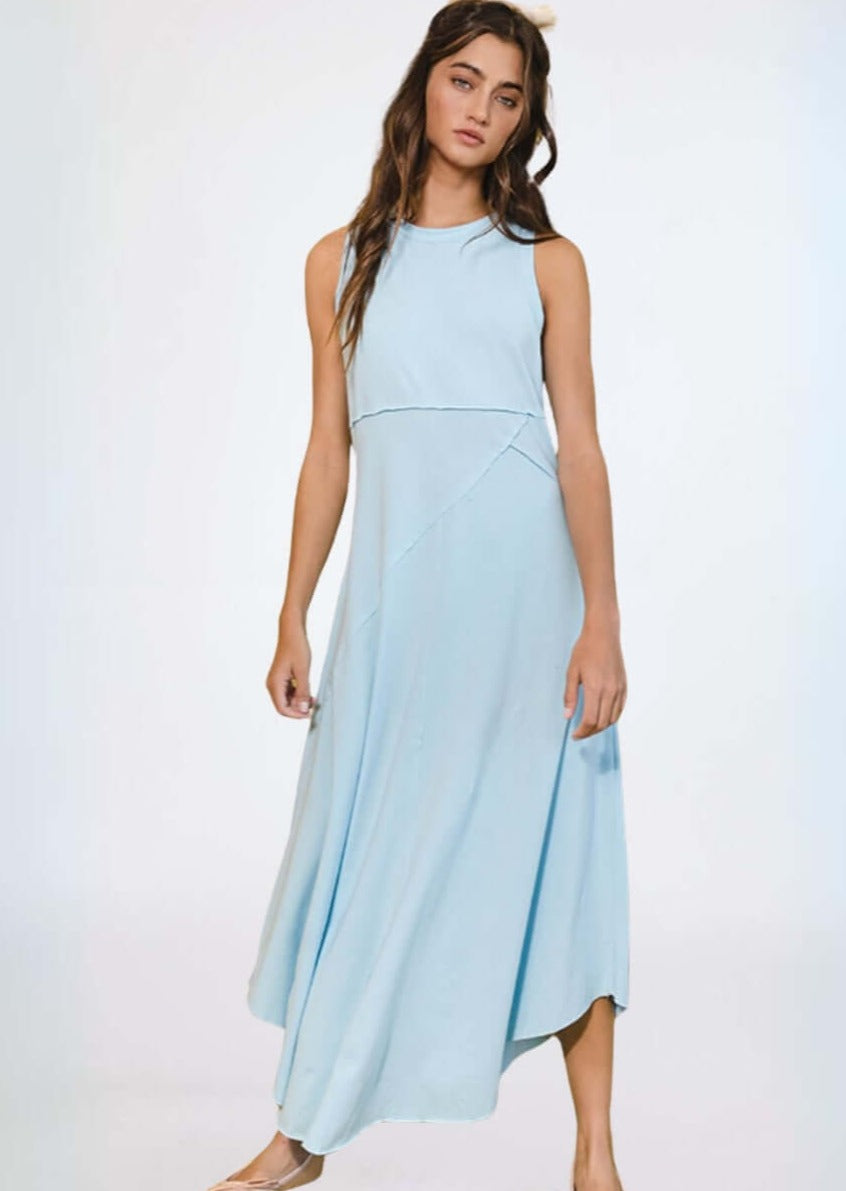 Bucket List Style D4190 | Women's Asymmetrical Sleeveless Racer Back Maxi Tank Dress in Sky Blue | Made in USA | Classy Cozy Cool Women's Made in America Boutique