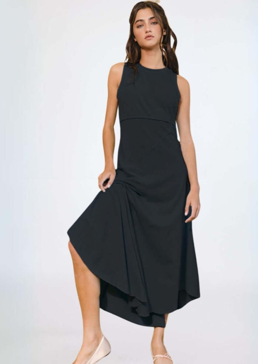 Bucket List Style D4190 | Women's Asymmetrical Sleeveless Racer Back Maxi Tank Dress in Black | Made in USA | Classy Cozy Cool Women's Made in America Boutique