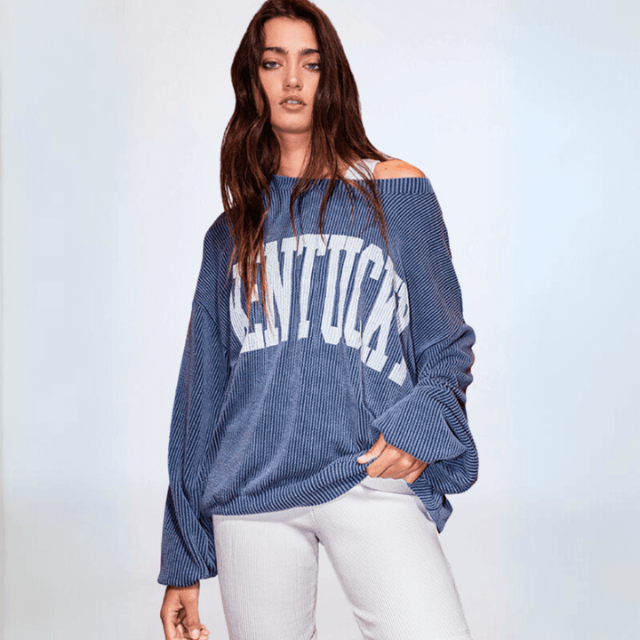 Made in USA Textured "KENTUCKY" Graphic Oversized Game Day Textured Ribbed Sweatshirt in Navy with Crew Neck and Long Sleeves  | Bucket List Fashion Style T1770