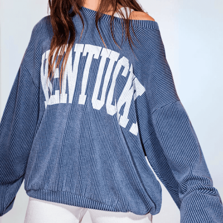 Made in USA Textured "KENTUCKY" Graphic Oversized Game Day Textured Ribbed Sweatshirt in Navy with Crew Neck and Long Sleeves  | Bucket List Fashion Style T1770