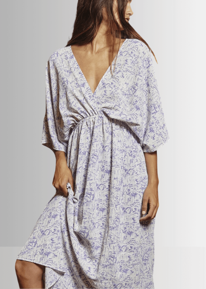 Made in USA Women's Kimono Style V-neck Midi Dress Deep, Abstract Print, Short Dolman Sleeves, Side Slits, Pale Indigo, Off White | Bucket List Style D3053A