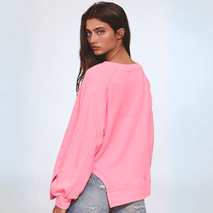 Made in USA Bucket List Clothing Style T2197 Women's Oversized Pink Cotton Blend Sweatshirt with Reverse Stitch Detail, Boat Neckline, Side Hem Rounded Cut Outs