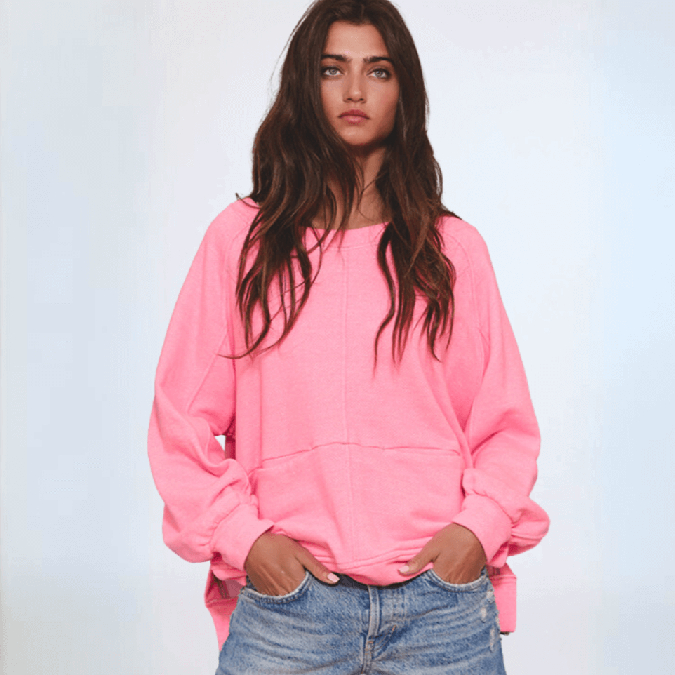 Made in USA Bucket List Clothing Style T2197 Women's Oversized Pink Cotton Blend Sweatshirt with Reverse Stitch Detail, Boat Neckline, Side Hem Rounded Cut Outs