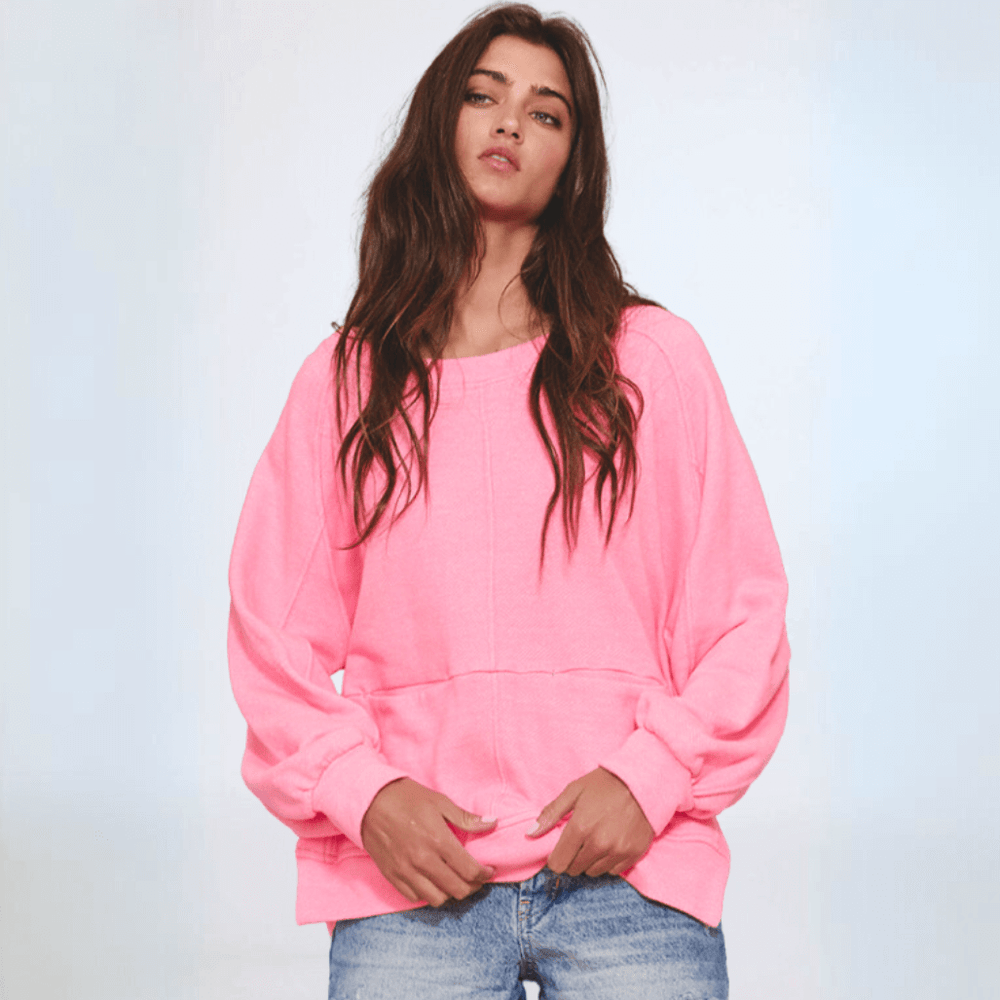 Made in USA Bucket List Clothing Style T2197 Women's Oversized Pink Cotton Blend Sweatshirt with Reverse Stitch Detail, Boat Neckline, Side Hem Rounded Cut Outs