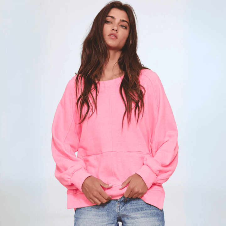 Made in USA Bucket List Clothing Style T2197 Women's Oversized Pink Cotton Blend Sweatshirt with Reverse Stitch Detail, Boat Neckline, Side Hem Rounded Cut Outs