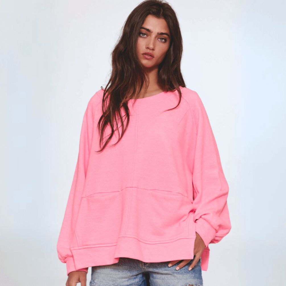 Made in USA Bucket List Clothing Style T2197 Women's Oversized Pink Cotton Blend Sweatshirt with Reverse Stitch Detail, Boat Neckline, Side Hem Rounded Cut Outs