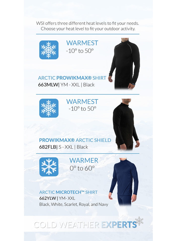 Made in USA WSI Sportswear Men's Arctic ProWikMax™ Thermal Shirt, Product Features: Will keep you warm even in temperatures from -10 to 50 degrees Body-mapped with thicker, warmer ProWikMax™ in the base of shirt and thinner ProWikMax™ in the gusset for ventilation and mobility. Mock turtleneck helps to enhance warmth Flat interior seams for comfort Designed with less bulk and added contrast stitching 4-way stretch for flexibility, durability, and comfort 