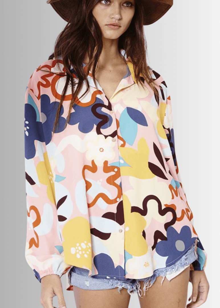 Bucket List Ladies Bright Color Floral Print Button Down Top | Style# T1943  | Made in USA | Classy Cozy Cool American Made Women's Clothing Boutique