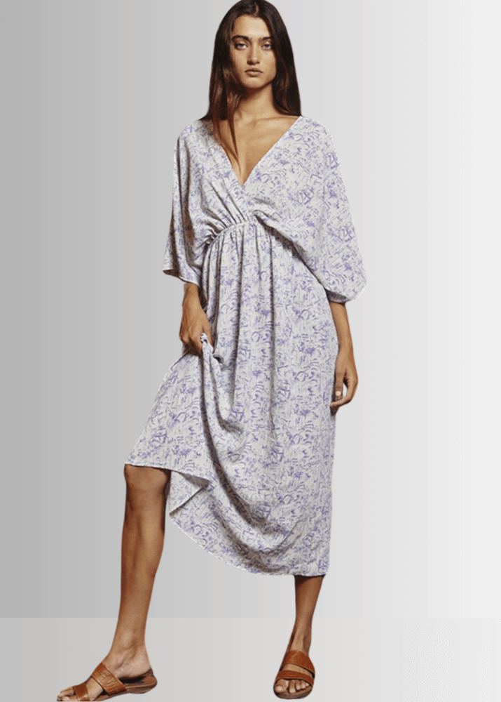 Made in USA Women's Kimono Style V-neck Midi Dress Deep, Abstract Print, Short Dolman Sleeves, Side Slits, Pale Indigo, Off White | Bucket List Style D3053A