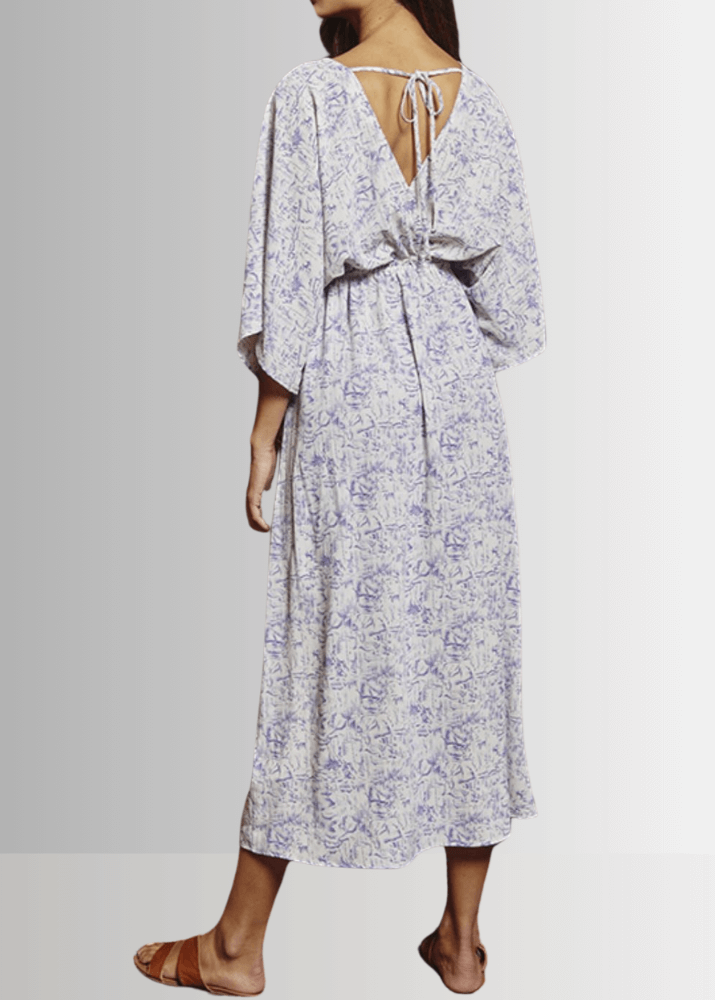 Made in USA Women's Kimono Style V-neck Midi Dress Deep, Abstract Print, Short Dolman Sleeves, Side Slits, Pale Indigo, Off White | Bucket List Style D3053A