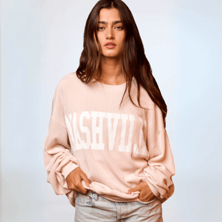 Made in USA Textured "NASHVILLE" Graphic Oversized Game Day Textured Ribbed Sweatshirt in Cream with Crew Neck and Long Sleeves  | Bucket List Fashion Style T1770