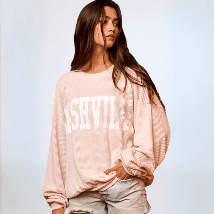 Made in USA Textured "NASHVILLE" Graphic Oversized Game Day Textured Ribbed Sweatshirt in Cream with Crew Neck and Long Sleeves  | Bucket List Fashion Style T1770