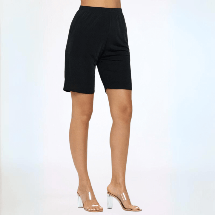 Made in USA Women's Black Jersey Casual Shorts Longer Length Side Pockets Stretchy Jersey Material 90% Polyester 10% Spandex