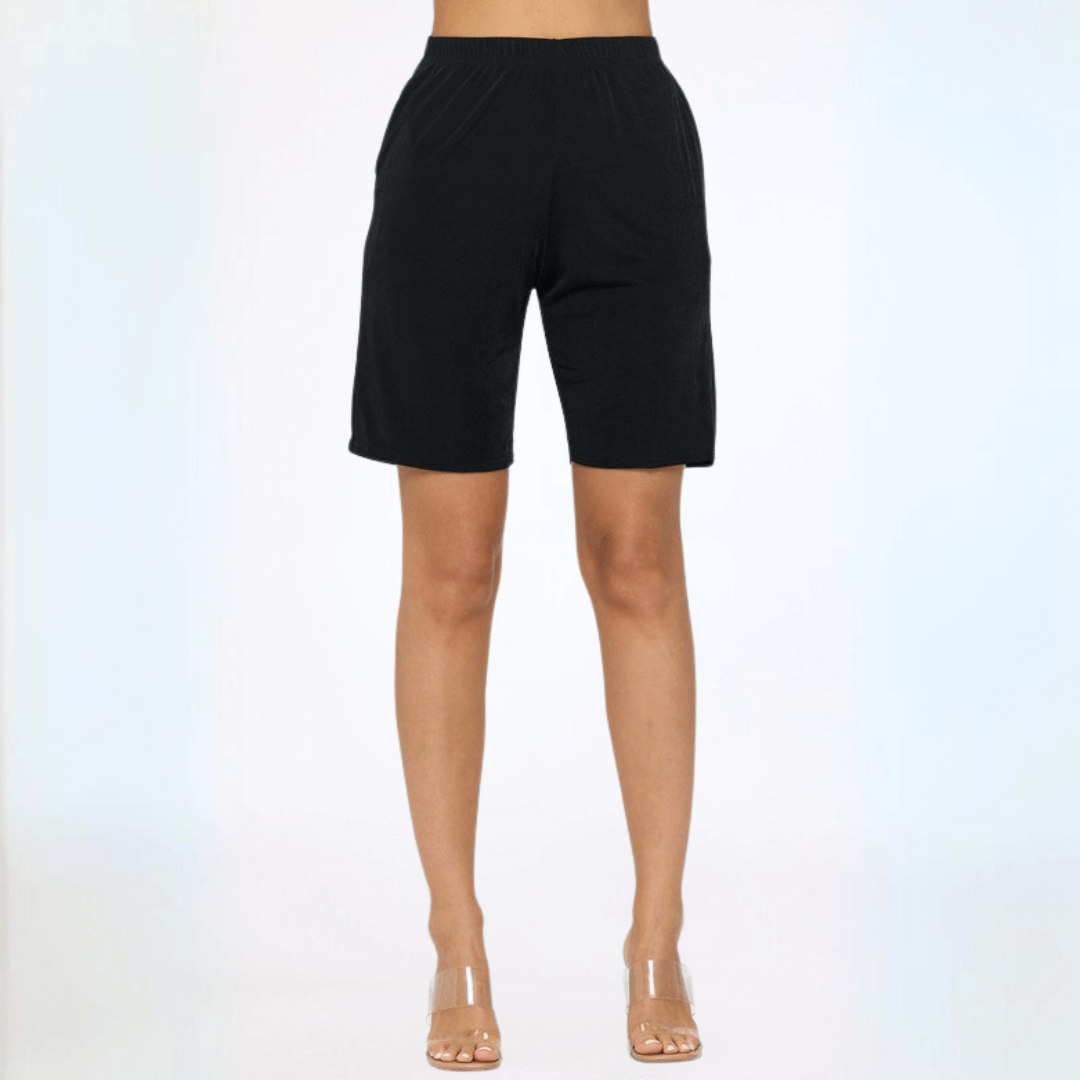 Made in USA Women's Black Jersey Casual Shorts Longer Length Side Pockets Stretchy Jersey Material 90% Polyester 10% Spandex