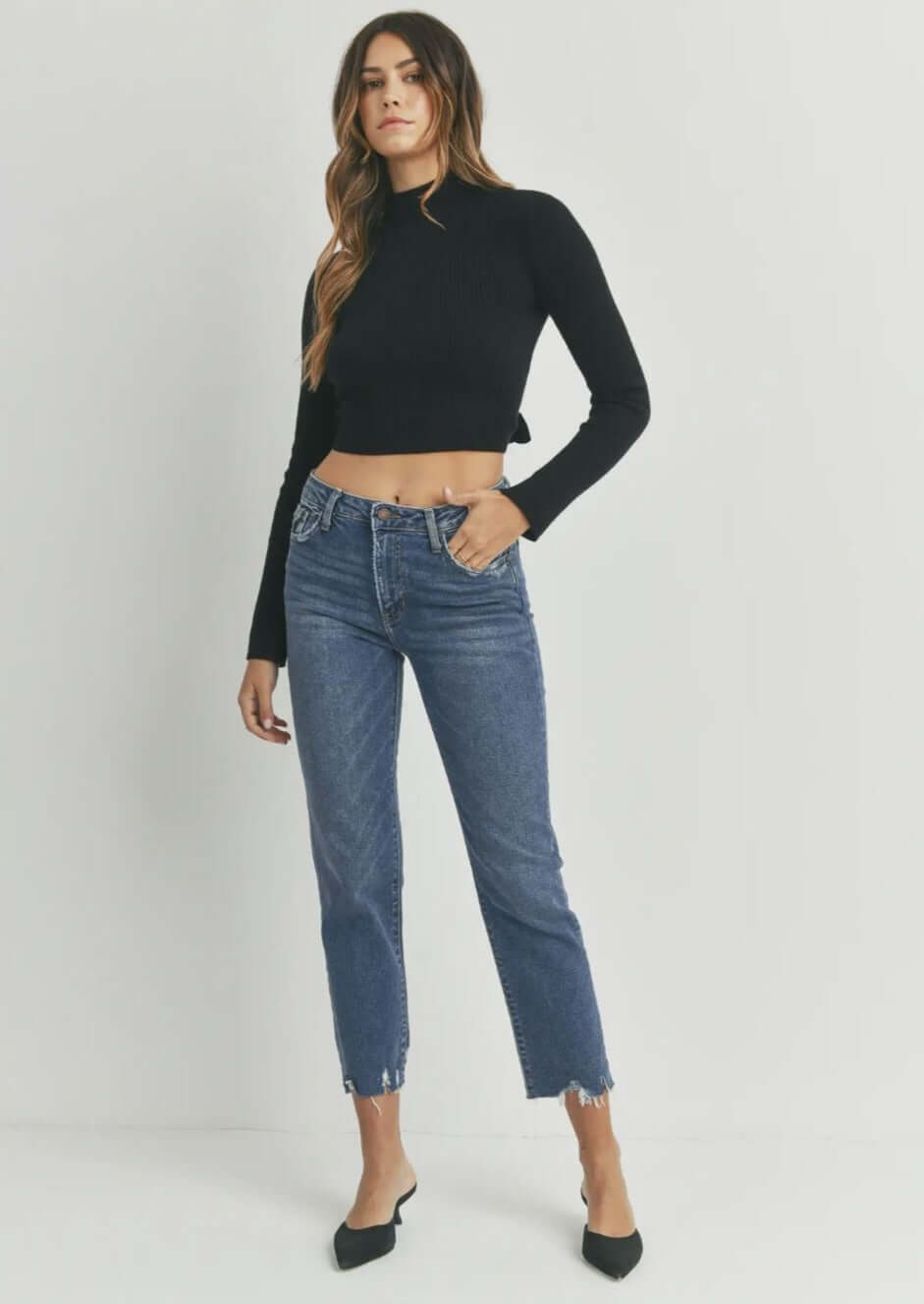 Just Black Denim Relaxed Fit Mid Rise Distressed Hem Cropped Jeans BP304J | Made in USA | Classy Cozy Cool Made in America Women's Clothing Boutique