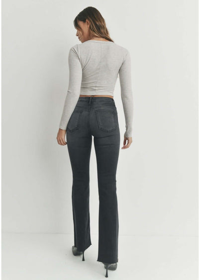 Just Black Denim Style# BP333J | Women's Fall Flare Washed Black Denim Jeans with Scissor Cut Hem | Made in USA | Classy Cozy Cool Women's Made in America Clothing Boutique