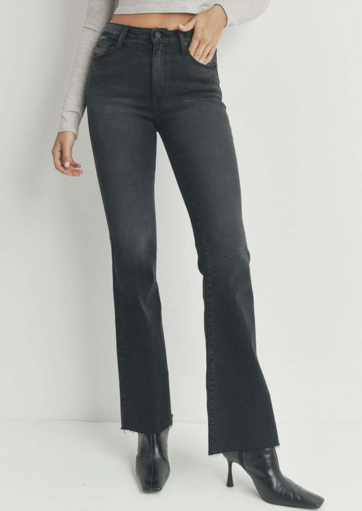 Just Black Denim Style# BP333J | Women's Fall Flare Washed Black Denim Jeans with Scissor Cut Hem | Made in USA | Classy Cozy Cool Women's Made in America Clothing Boutique