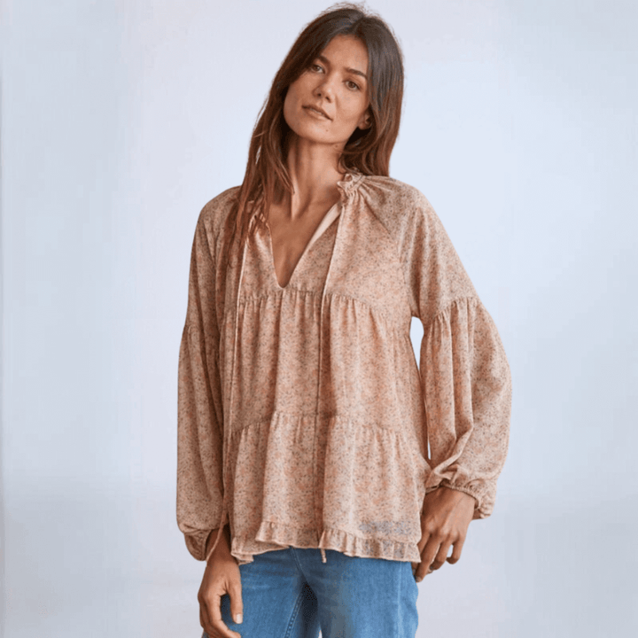 Made in USA Women's Woven Crepe Chiffon Floral Blouse, Ruffle Hem ,Long Balloon Sleeves, Shirring Detail, Fully Lined, V-Neck with Tie, Ruffled Neckline, Elastic Cuff Longer Length | Classy Cozy Cool Made in America Boutique