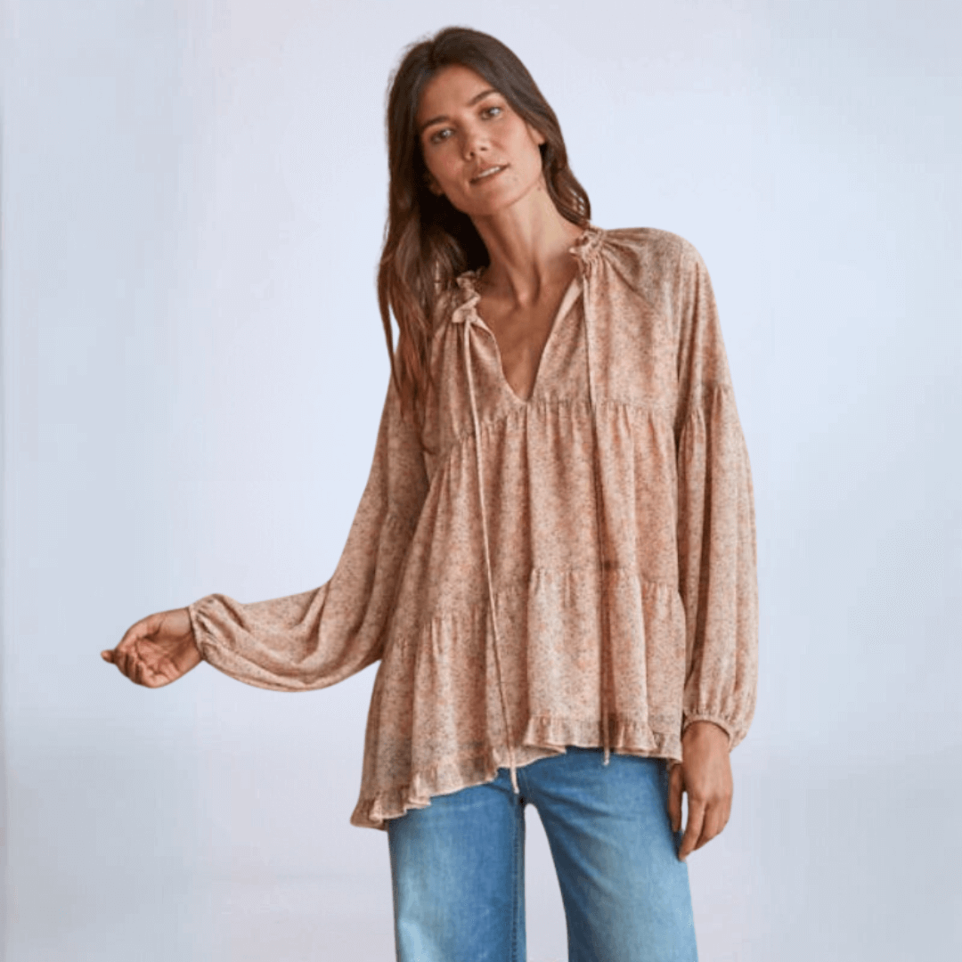 Made in USA Women's Woven Crepe Chiffon Floral Blouse, Ruffle Hem ,Long Balloon Sleeves, Shirring Detail, Fully Lined, V-Neck with Tie, Ruffled Neckline, Elastic Cuff Longer Length | Classy Cozy Cool Made in America Boutique