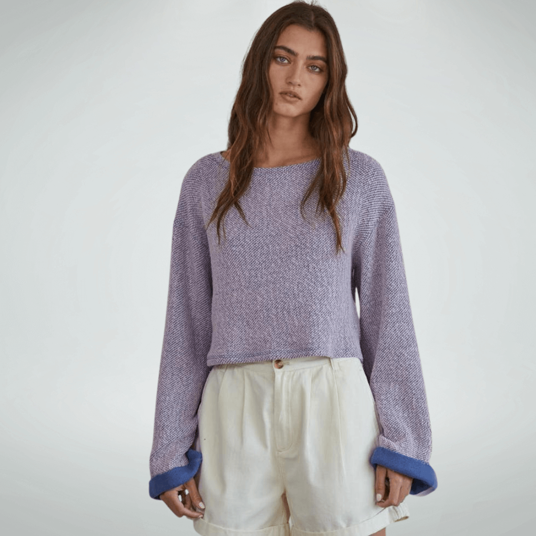 Made in USA Women's Cropped Lavender Long Sleeve Pullover Sweater,  Loose Knit, Long Sleeves with Wide Contrast Cuffs, Super Soft | Classy Cozy Cool Made in America Boutique