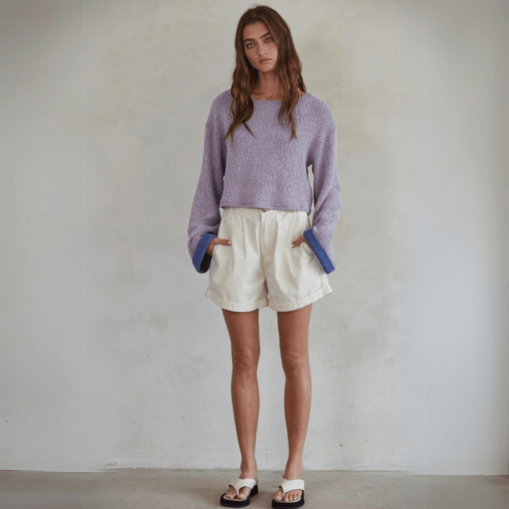 Made in USA Women's Cropped Lavender Long Sleeve Pullover Sweater,  Loose Knit, Long Sleeves with Wide Contrast Cuffs, Super Soft | Classy Cozy Cool Made in America Boutique