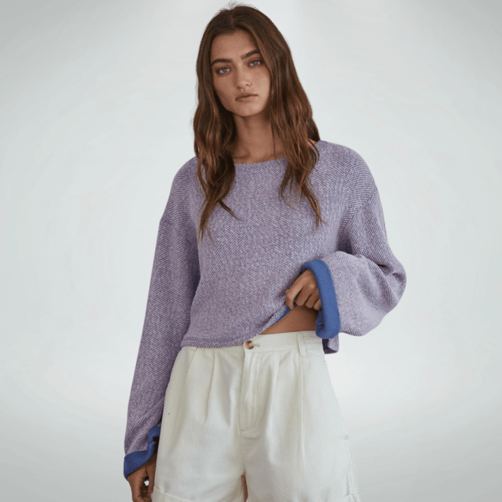 Made in USA Women's Cropped Lavender Long Sleeve Pullover Sweater,  Loose Knit, Long Sleeves with Wide Contrast Cuffs, Super Soft | Classy Cozy Cool Made in America Boutique