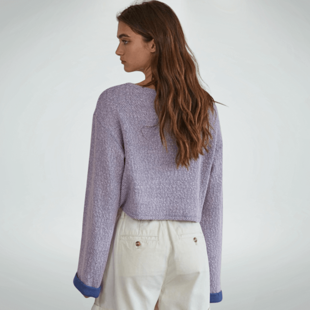 Made in USA Women's Cropped Lavender Long Sleeve Pullover Sweater,  Loose Knit, Long Sleeves with Wide Contrast Cuffs, Super Soft | Classy Cozy Cool Made in America Boutique