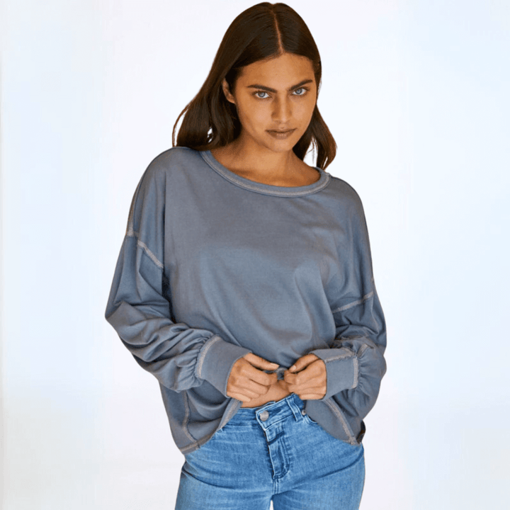 Women's Cotton Oversized Boxy Long Sleeve Tee, Stitch Detail, Oversized Fit, Garment Dyed, Crew Neck | Available Colors: Graphite and Dusty Brown | Classy Cozy Cool Made in America Boutique