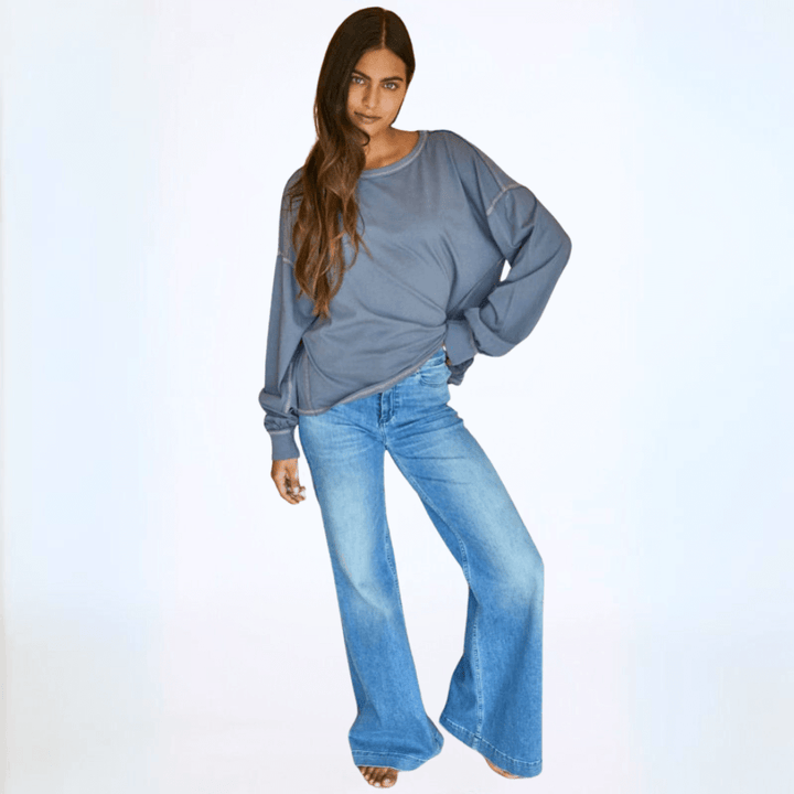 Women's Cotton Oversized Boxy Long Sleeve Tee, Stitch Detail, Oversized Fit, Garment Dyed, Crew Neck | Available Colors: Graphite and Dusty Brown | Classy Cozy Cool Made in America Boutique