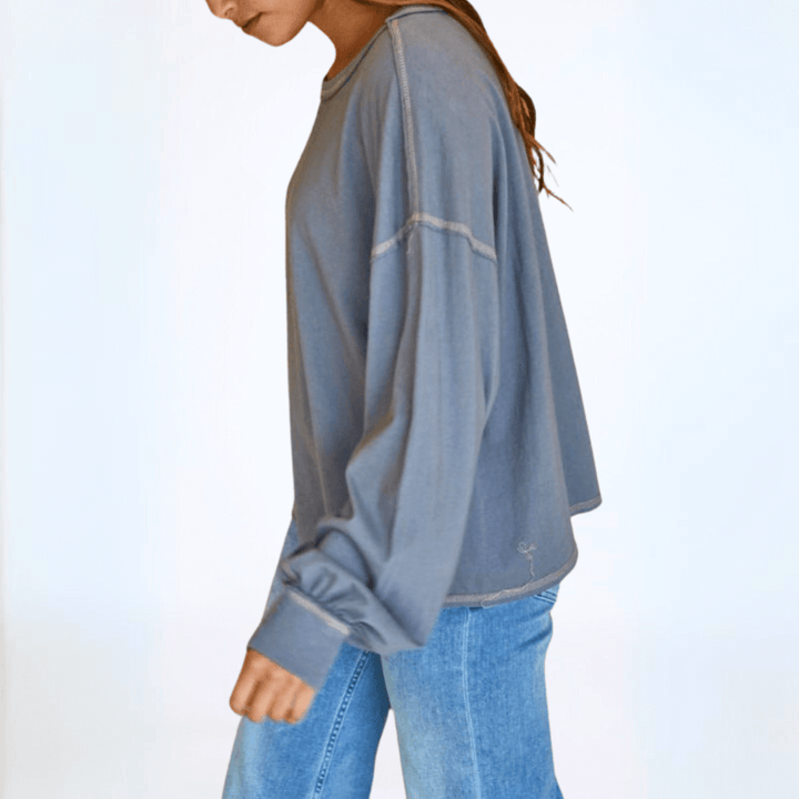 Women's Cotton Oversized Boxy Long Sleeve Tee, Stitch Detail, Oversized Fit, Garment Dyed, Crew Neck | Available Colors: Graphite and Dusty Brown | Classy Cozy Cool Made in America Boutique