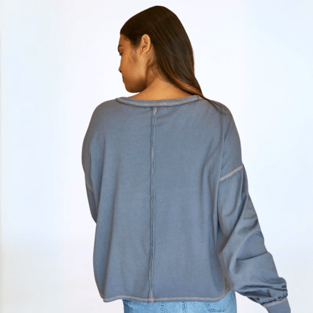 Women's Cotton Oversized Boxy Long Sleeve Tee, Stitch Detail, Oversized Fit, Garment Dyed, Crew Neck | Available Colors: Graphite and Dusty Brown | Classy Cozy Cool Made in America Boutique