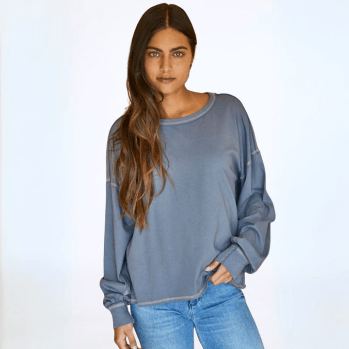 Women's Cotton Oversized Boxy Long Sleeve Tee, Stitch Detail, Oversized Fit, Garment Dyed, Crew Neck | Available Colors: Graphite and Dusty Brown | Classy Cozy Cool Made in America Boutique