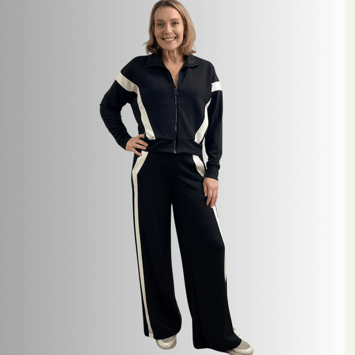 Made in USA Women's Super Soft Track Suit, Relaxed Fit Zip Front Jacket and Pant Set in Black with White Stripes, Material Compares to LuLulemon Scuba Line | Classy Cozy Cool Made in America Boutique