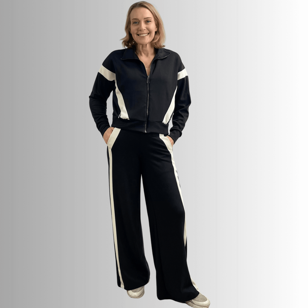 Made in USA Women's Super Soft Track Suit, Relaxed Fit Zip Front Jacket and Pant Set in Black with White Stripes, Material Compares to LuLulemon Scuba Line | Classy Cozy Cool Made in America Boutique