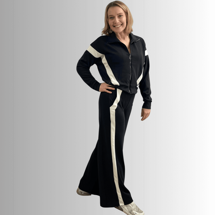 Made in USA Women's Super Soft Track Suit, Relaxed Fit Zip Front Jacket and Pant Set in Black with White Stripes, Material Compares to LuLulemon Scuba Line | Classy Cozy Cool Made in America Boutique