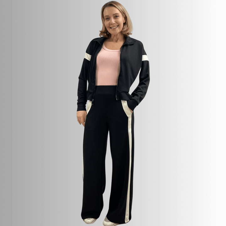 Made in USA Women's Super Soft Track Suit, Relaxed Fit Zip Front Jacket and Pant Set in Black with White Stripes, Material Compares to LuLulemon Scuba Line | Classy Cozy Cool Made in America Boutique