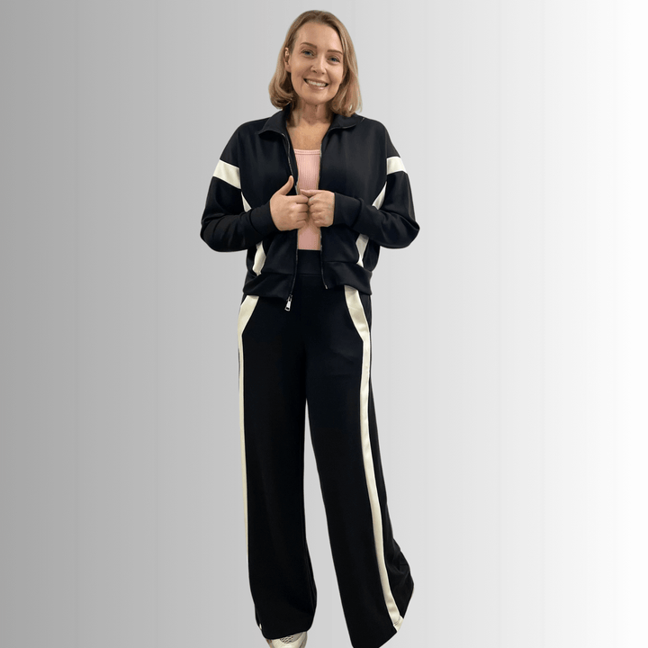 Made in USA Women's Super Soft Track Suit, Relaxed Fit Zip Front Jacket and Pant Set in Black with White Stripes, Material Compares to LuLulemon Scuba Line | Classy Cozy Cool Made in America Boutique