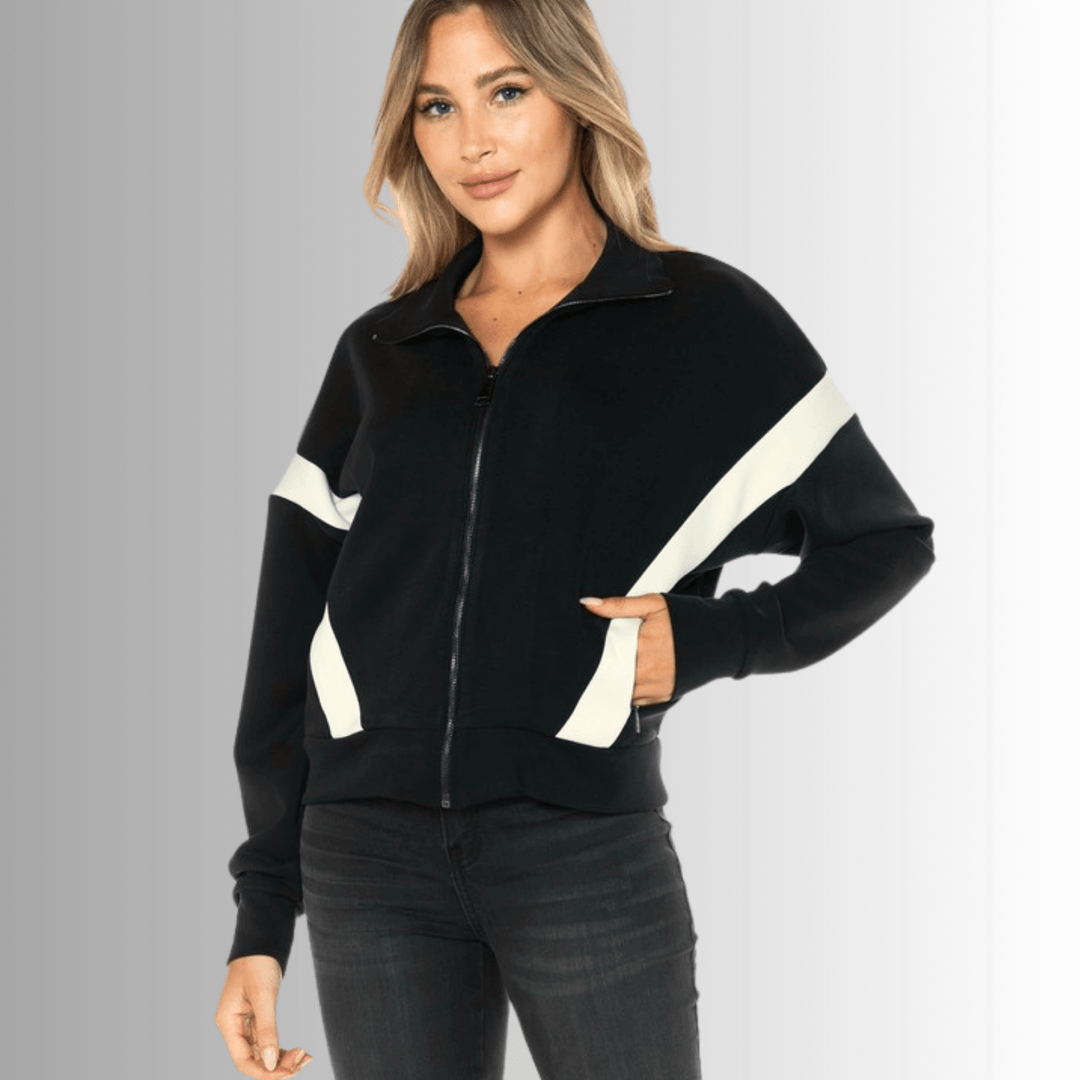 Made in USA Women's Super Soft Track Suit, Relaxed Fit Zip Front Jacket and Pant Set in Black with White Stripes, Material Compares to LuLulemon Scuba Line | Classy Cozy Cool Made in America Boutique