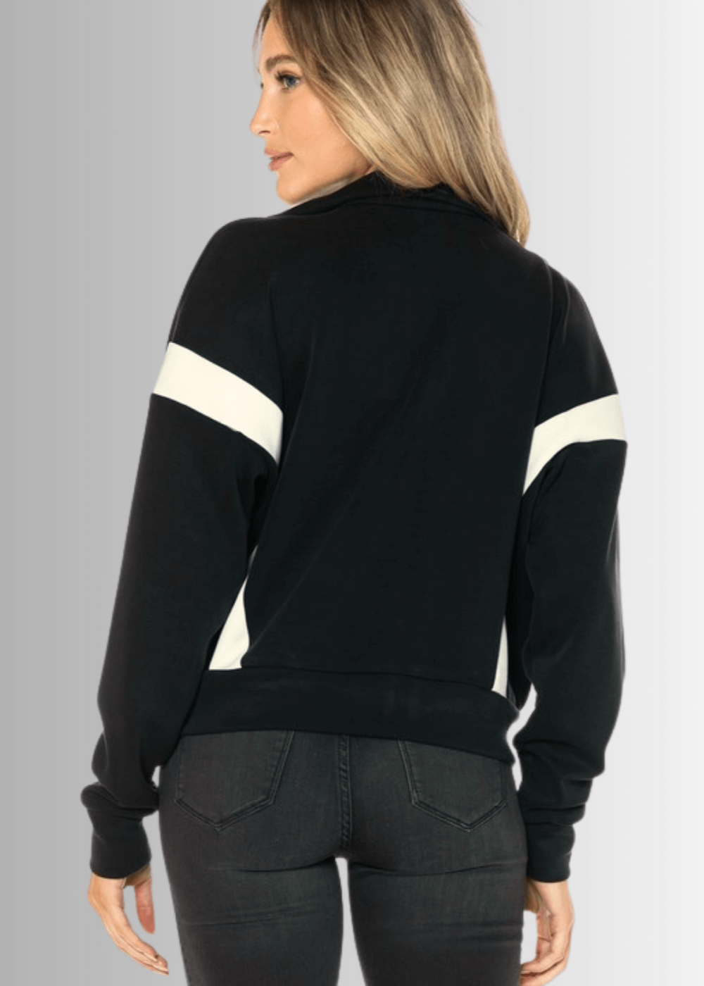 Made in USA Women's Super Soft Track Jacket, Relaxed Fit Zip Front Jacket  in Black with White Stripes, Soft Material Compares to LuLulemon Scuba Line Style J416-K490