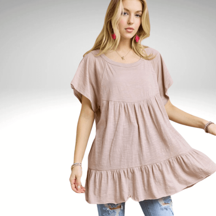 Made in USA Women's Tiered Ruffle Sleeved Cotton Blend Tunic Ultra Lightweight, Wide Round Neck, Loose Fit in Latte Tan | Classy Cozy Cool Made in America Boutique