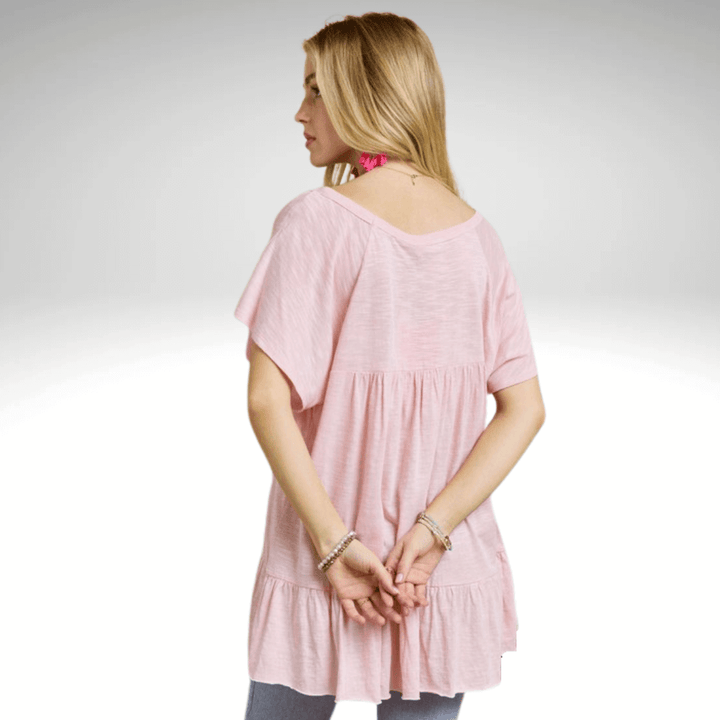 Made in USA Women's Tiered Ruffle Sleeved Cotton Blend Tunic Ultra Lightweight, Wide Round Neck, Loose Fit in Blush Pink | Classy Cozy Cool Made in America Boutique