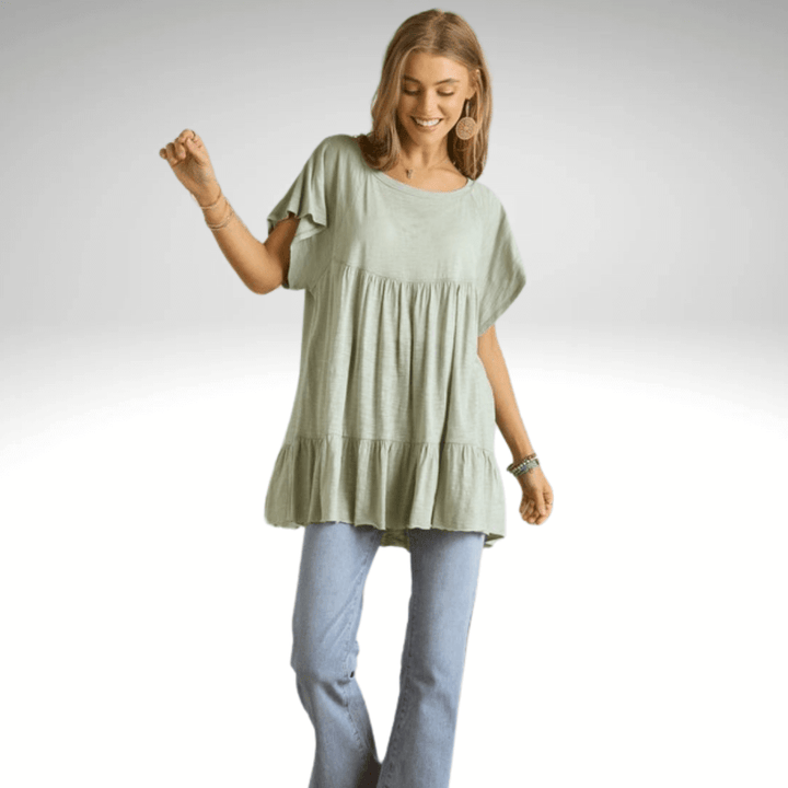 Made in USA Women's Tiered Ruffle Sleeved Cotton Blend Tunic Ultra Lightweight, Wide Round Neck, Loose Fit in Sage | Classy Cozy Cool Made in America Boutique