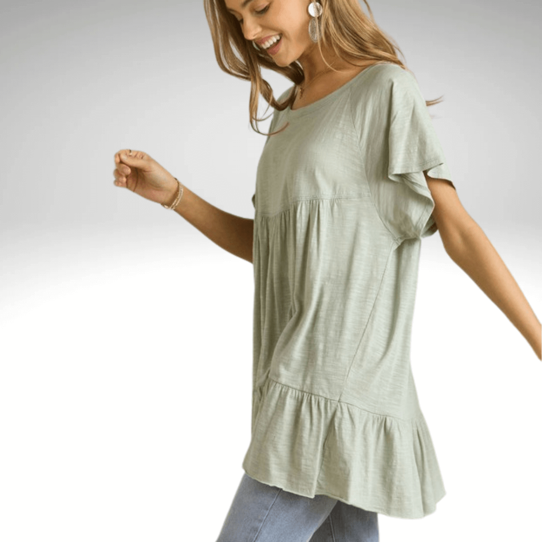 Made in USA Women's Tiered Ruffle Sleeved Cotton Blend Tunic Ultra Lightweight, Wide Round Neck, Loose Fit in Sage | Classy Cozy Cool Made in America Boutique