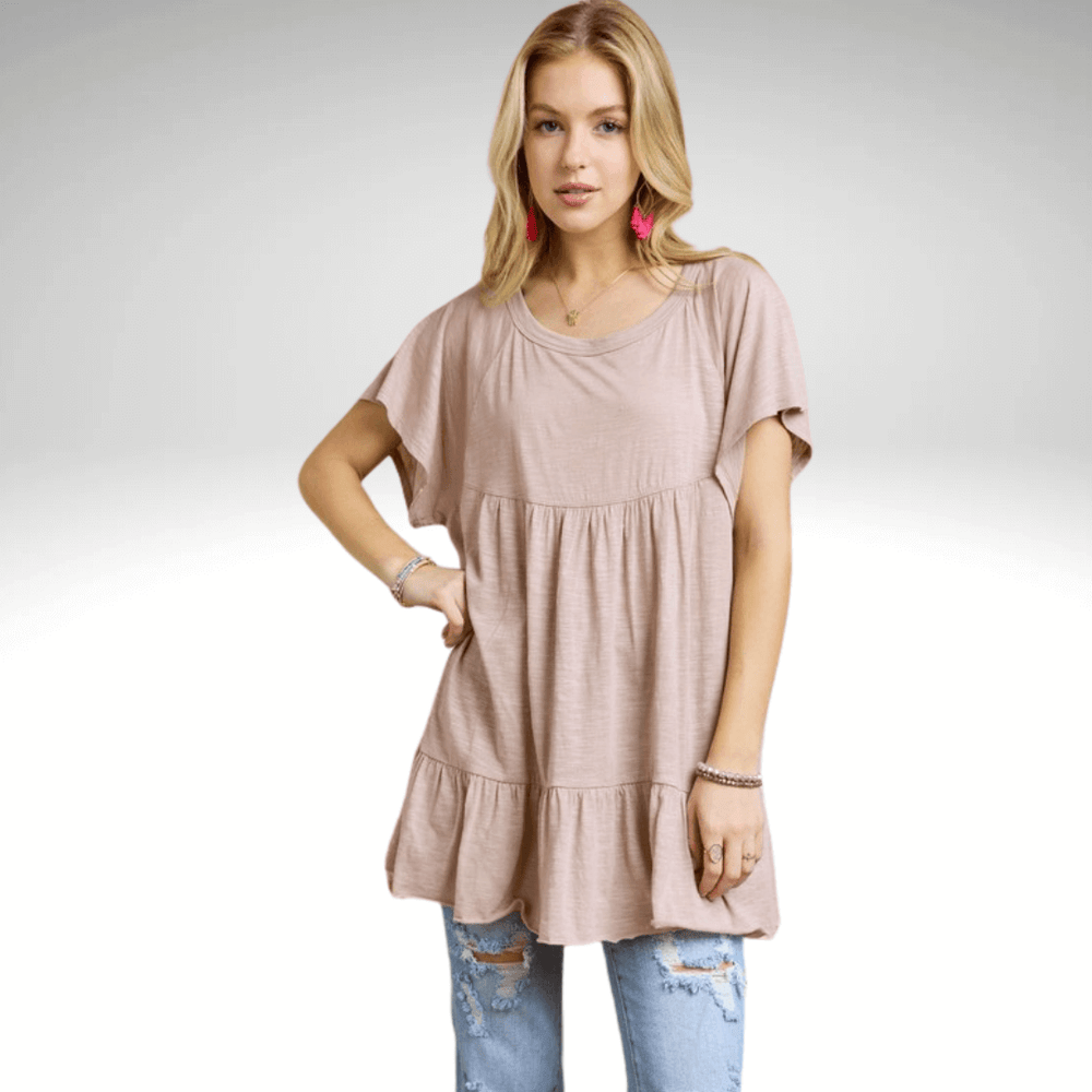 Made in USA Women's Tiered Ruffle Sleeved Cotton Blend Tunic Ultra Lightweight, Wide Round Neck, Loose Fit in Latte Tan | Classy Cozy Cool Made in America Boutique